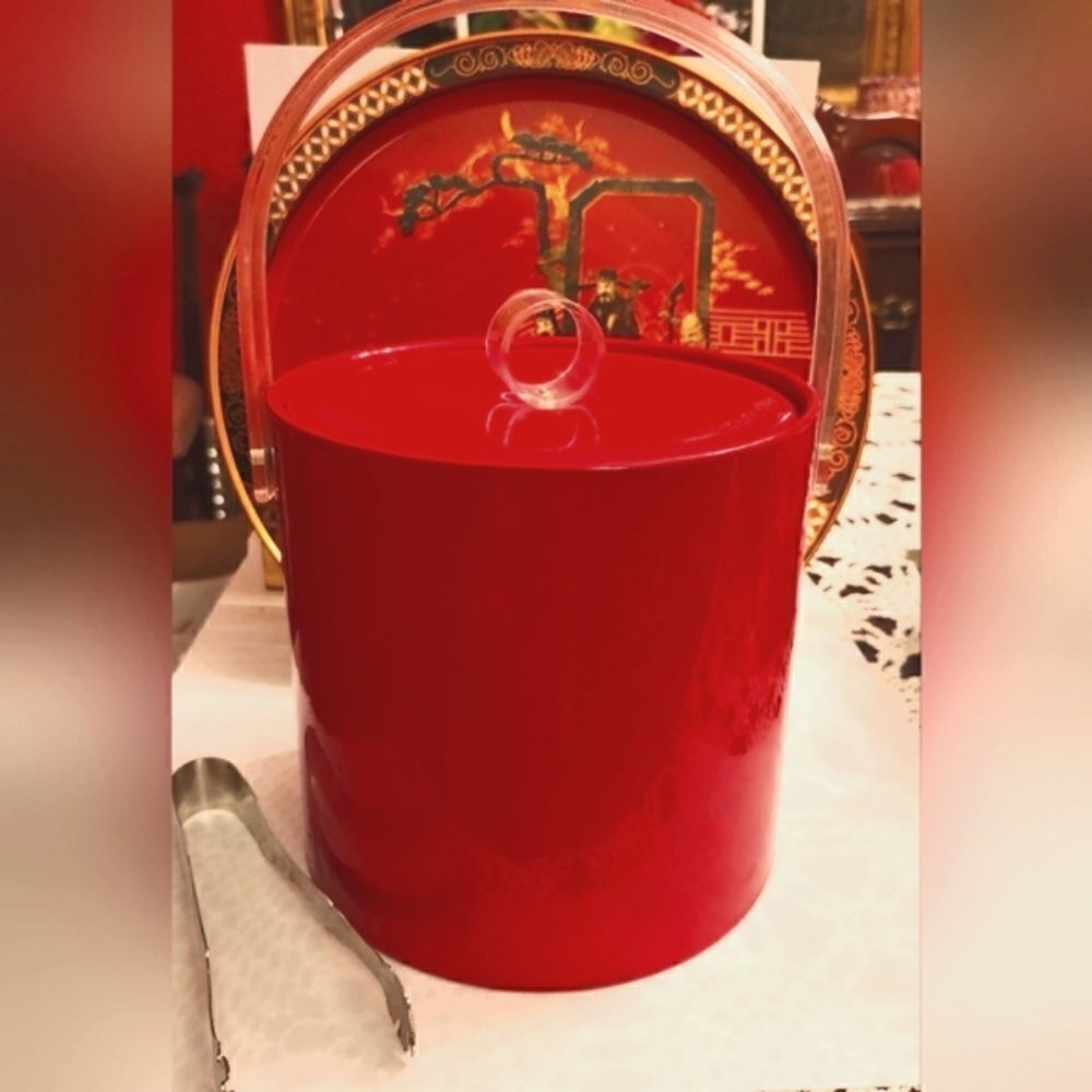 Vintage Mint Set of Red Vinyl Ice Bucket,Tongs,Lucite & T'ang Dynasty Round Tray
